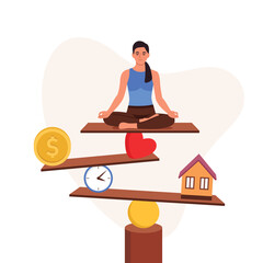 Vector illustration of a girl balancing work and life. Cartoon scene: a girl sits in a lotus position, holding a balance between responsibilities: love, money, time, home isolated on white background.