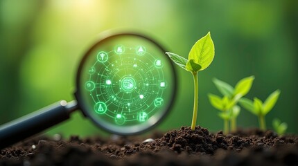 A magnifying glass focuses on young green plant seedlings growing from rich soil symbolizing sustainable development and eco-friendly technology, showing fine detail of the leaves and soil texture.