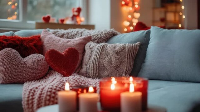 Cozy home interior with a comfortable couch decorated with heart shaped pillows, a warm knitted blanket, and soft glowing candles, creating a perfect romantic atmosphere for Valentine's Day