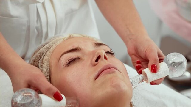 Cosmetologist using cryotherapy balls on woman face in cosmetology studio, providing cooling and firming effects. Female lying relaxed, enjoying soothing treatment for skin rejuvenation. Patient