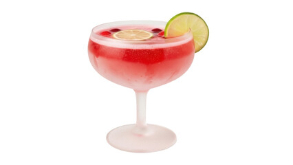 Isolated cocktail in coupe glass, lime garnish, red liquid, festive celebratory mixed drink