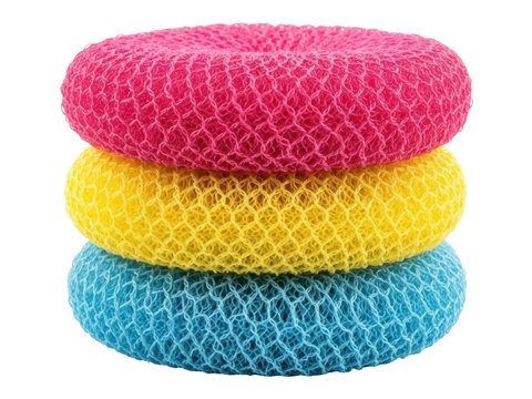 Isolated colorful kitchen scourers stacked in a tower, cleaning pads in pink, yellow, blue
