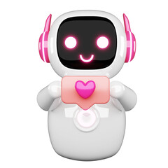 3d white chatbot mascot wearing pink headphones happily holding a vibrant social media like notification icon isolated on transparent background