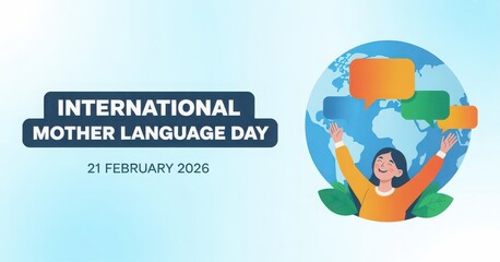 International Mother Language Day with happy woman and speech bubbles