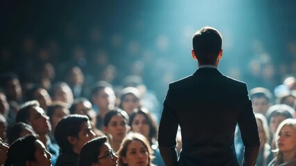 Public speaking event in a large hall with an audience listening closely to a speaker