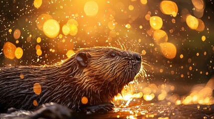 Sunset reflections of a beaver with shimmering water droplets creating a magical atmosphere during dusk in a serene environment