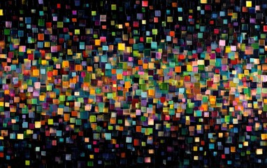 Colorful square pixels on a dark background, forming a vibrant abstract artistic composition
