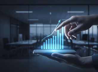 Business Growth Analytics Hologram Rising from Mobile Device