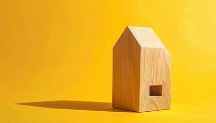 Simple house structure made from wooden blocks on bright yellow background, triangular roof, rectangular walls, arch doorway, minimalist geometric design evokes playful creativity and architectural cl