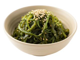 Isolated bowl of seaweed salad garnished with toasted sesame seeds in studio light