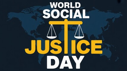 World Social Justice Day text with scales of justice and world map