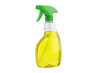 Isolated spray bottle filled with yellow liquid, cleaning product, green nozzle, no background