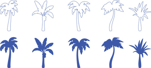 Tropical palm tree silhouette and outline set featuring diverse shapes. Clean vector icons perfect for beach, summer, and exotic design themes. Editable graphic collection ideal for branding  © Sk