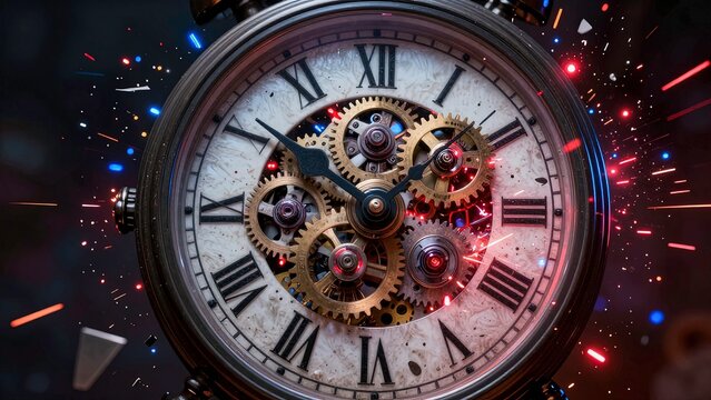 close-up of a mechanical clock exploding into fragments with gears shards and glowing