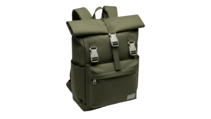 Isolated military green roll top backpack, camping or trekking bag, side pocket, straps, buckle