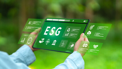 Entrepreneurs explore ESG, environmental, social, governance, and clean energy, AI applications, and future-focused business initiatives with intelligent assistants to modern business success.