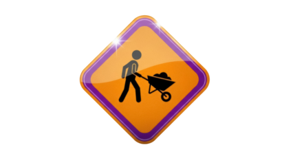Isolated man pushing wheelbarrow sign represents construction, road work, or infrastructure project