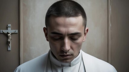Priest prays silently in front of a cross in a quiet room