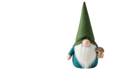 Isolated cute plush Christmas gnome doll holding mushroom, festive home decor, festive mood