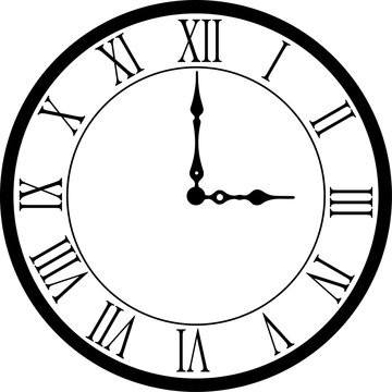 Classic black vector illustration of an antique clock face with bold Roman numerals, showing three o'clock.