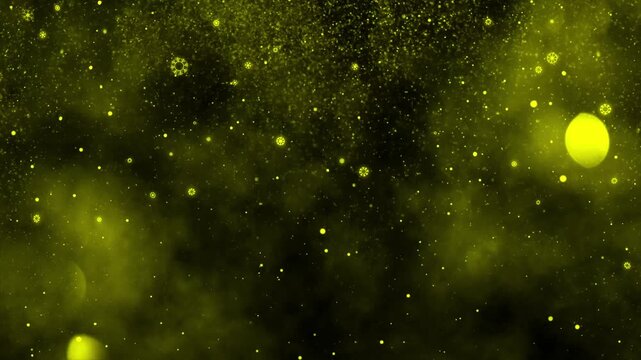 Yellow-green Christmas background with softly falling snow and glowing bokeh. Perfect for holiday greetings, intros, and backdrops