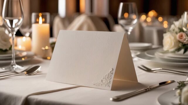 Elegant table setting with simple white menu card and candles in a cozy restaurant at night