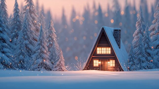 Cozy Winter Cabin Illustration with Pine Forest Background
