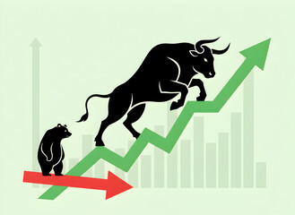 Bull Market Surging Upward on Rising Green Arrow with Bear Below