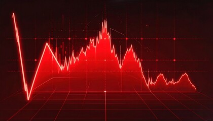 Red financial chart with fluctuating line graph on grid background, sharp rises and declines suggest market volatility, red tones evoke negative trend, economic tension, and trading performance analys