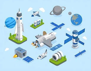Naklejka premium Isometric illustration of space-related objects, including rockets, shuttles, planets, and satellites, scattered on a blue background