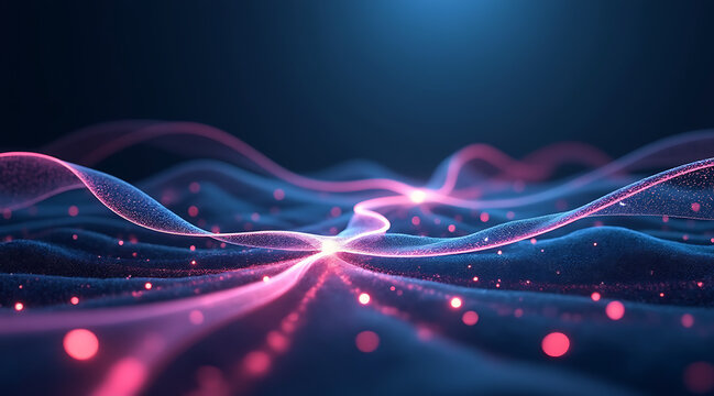 Abstract digital waveform with glowing lines and particles - Powered by Adobe
