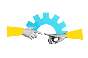 Composite poster banner photo collage of human hands point index finger gearwheel optimization mechanism progress stats