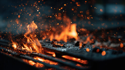 Close-up of a fiery barbecue grill with glowing embers and sparks