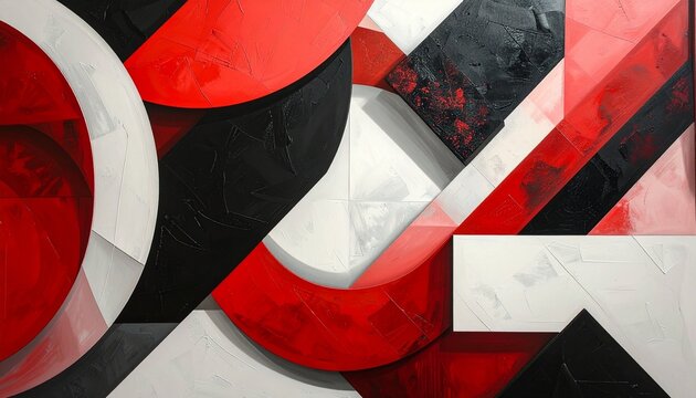 Abstract geometric artwork with overlapping circles and rectangles in red, black, and white, layered composition creates depth and contrast, evoking bold visual tension and modern artistic expression. - Powered by Adobe
