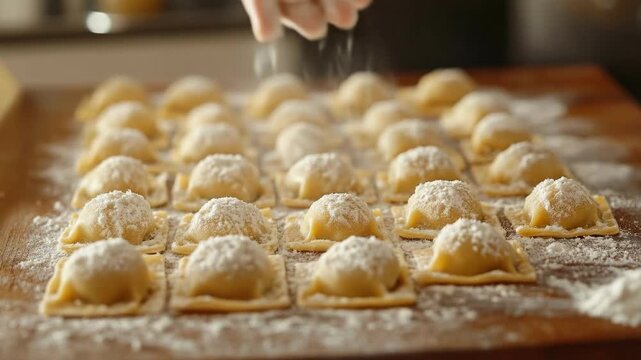Delicious freshly made ravioli on a wooden board with a dusting of flour