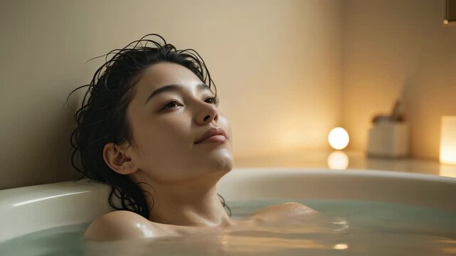 Woman enjoys a warm bath in a private bathroom during the evening with soft lighting and candles