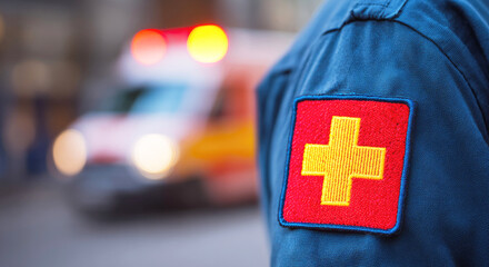 Emergency medical responder with red cross patch standing near ambulance with flashing lights. Selective focus.