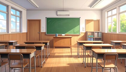 Traditional classroom with wooden desks and chairs in rows facing green chalkboard, wood-paneled walls, large windows with natural light, clock above board, evoking orderly learning environment.