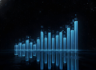 Futuristic 3D Bar Chart Rising Under Digital Night Sky