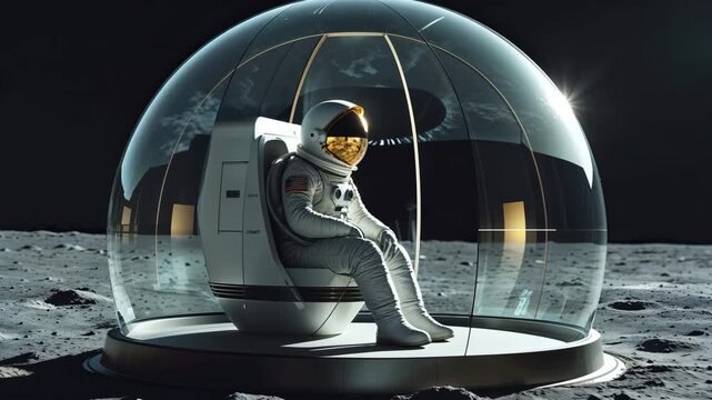 Astronaut sits inside a dome on the moon while observing the lunar landscape and stars at night
