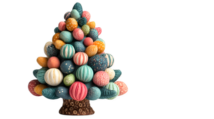 Whimsical clay Christmas tree featuring multicolor bulbs, candy-like decorations, and a playful handcrafted texture for a cheerful holiday vibe, isolated on white background