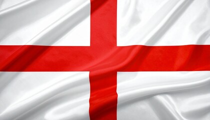 Fototapeta premium England flag with red Saint George’s cross on white fabric background, realistic folds and shadows evoke national identity, cultural heritage, and symbolic representation in sporting and historical co