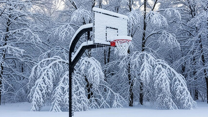 Basketball hoop covered in snow with icicles hanging from the net winter