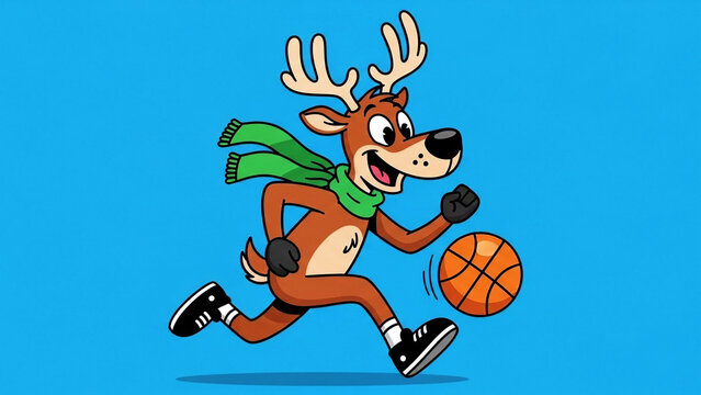 Cartoon reindeer wearing scarf and sneakers dribbling basketball sport - Powered by Adobe