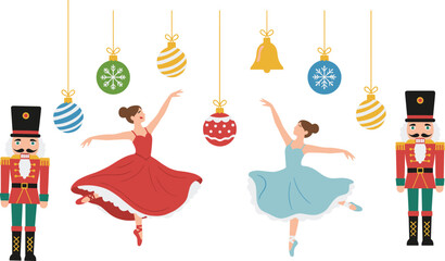 Christmas ballet scene, ballerinas, toy soldiers, festive ornaments, Nutcracker theme, holiday celebration, cad drawing flat vector illustration
