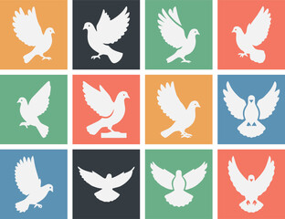 Dove Icon Grid Solid filled icon set of doves in various poses flying dove perched dove icons set