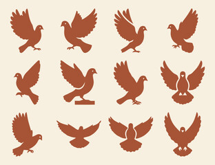Dove Icon Grid Solid filled icon set of doves in various poses flying dove perched brown background