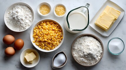 Overhead flatlay of corn casserole ingredients