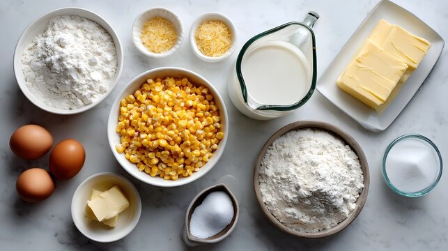 Overhead flatlay of corn casserole ingredients