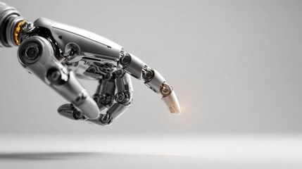 Robotic metallic hand reaching forward with glowing fingertip symbolizing artificial intelligence technology automation and innovation in futuristic minimal style
